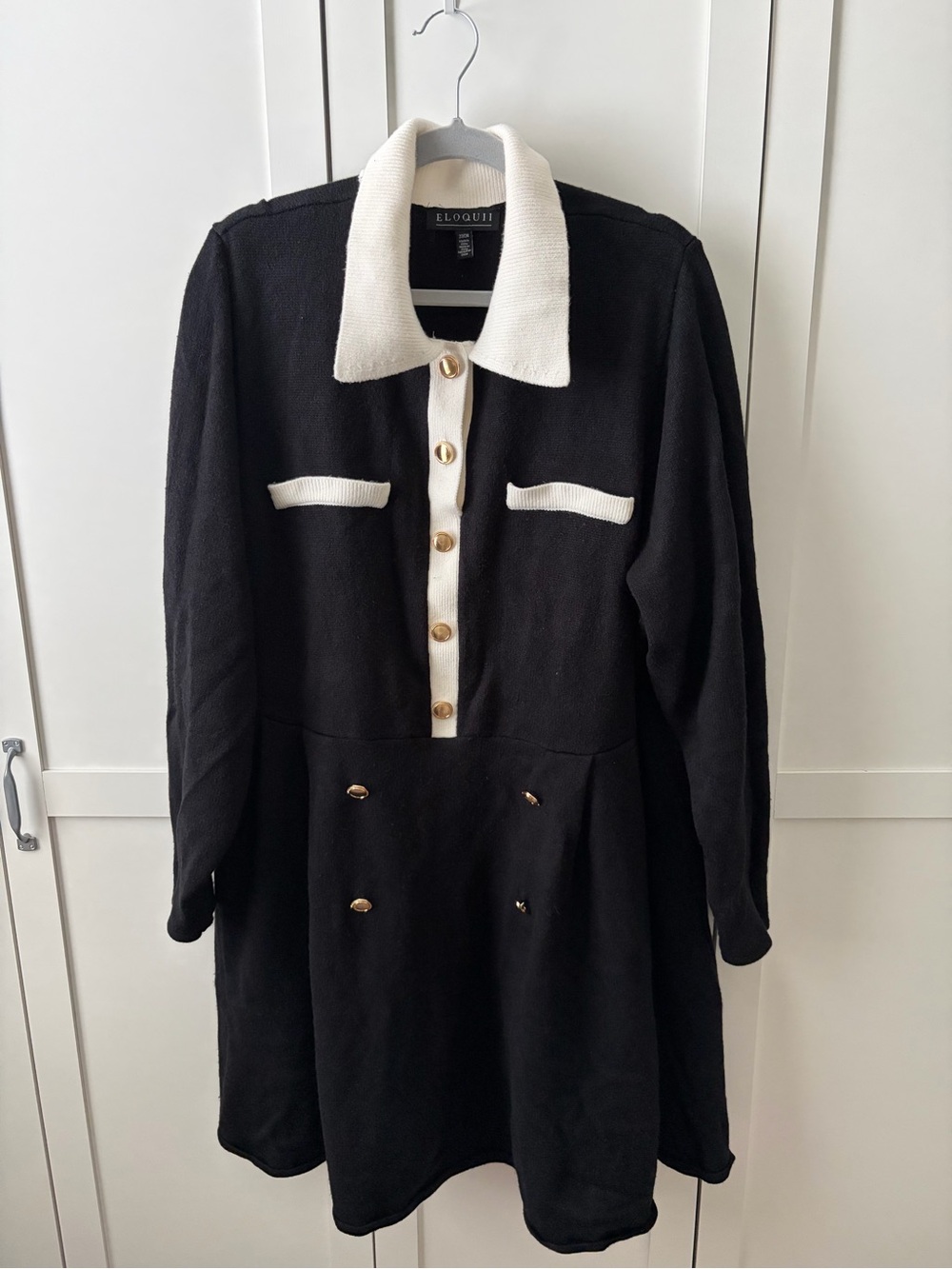ELOQUII Black & White Contrast Collar Long-Sleeve Sweater Dress